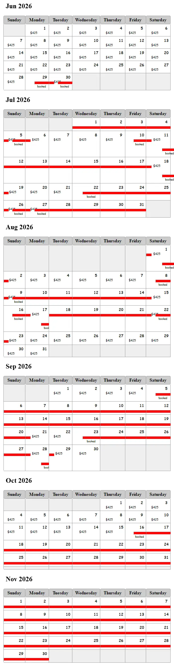 Longs Vista Cabin availability calendar